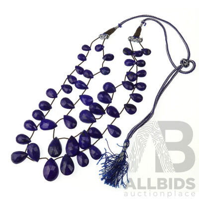 Genuine Lapis Lazuli Natural Pear Faceted Necklet on Silk Cord From Sri Lanka, 55cm with Adjustable Toggle