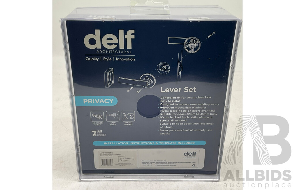 DELF TRADE Lucca Privacy Lever Set on Square Rosette Satin Chrome (X5) - Total ORP $499.99