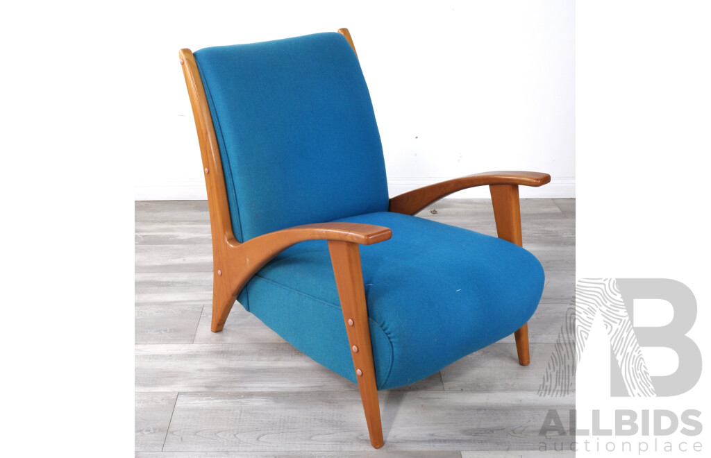 Mid Century Easy Chair with Blue Wool Upholstery