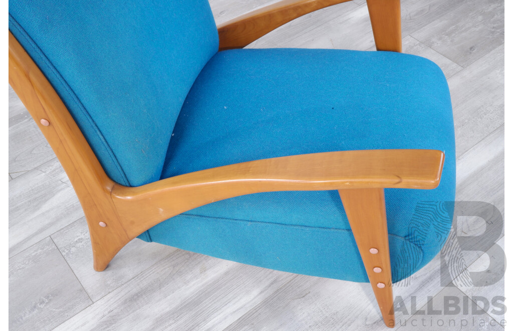 Mid Century Easy Chair with Blue Wool Upholstery