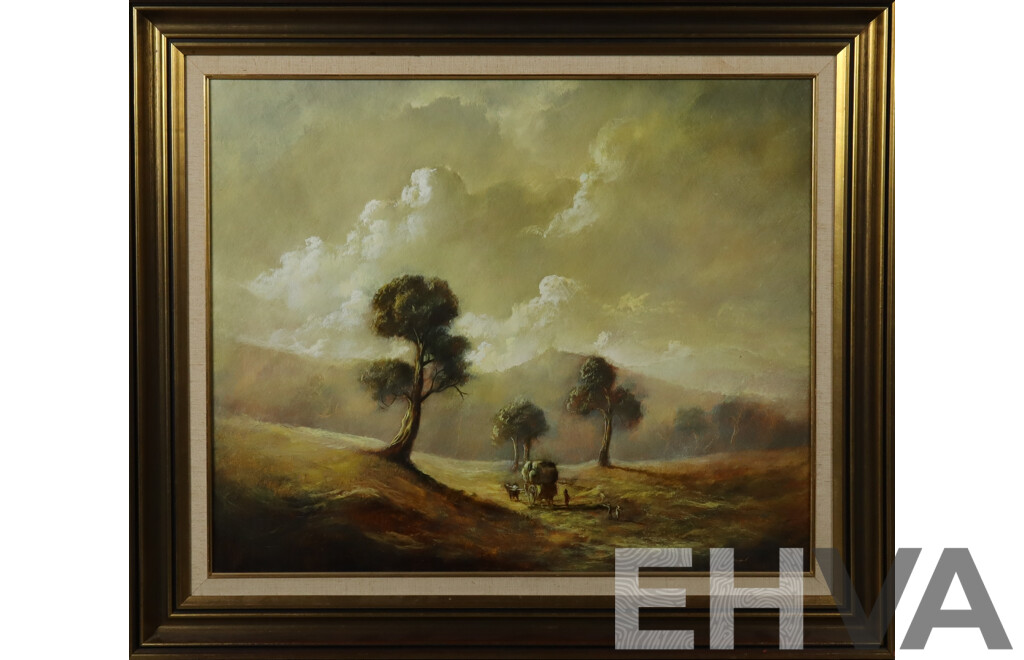 Carl Stringfellow, (20th Century, Australian, 1954-), Pastoral Scene - Going Home, Oil on Board, 65 x 87 cm (frame)
