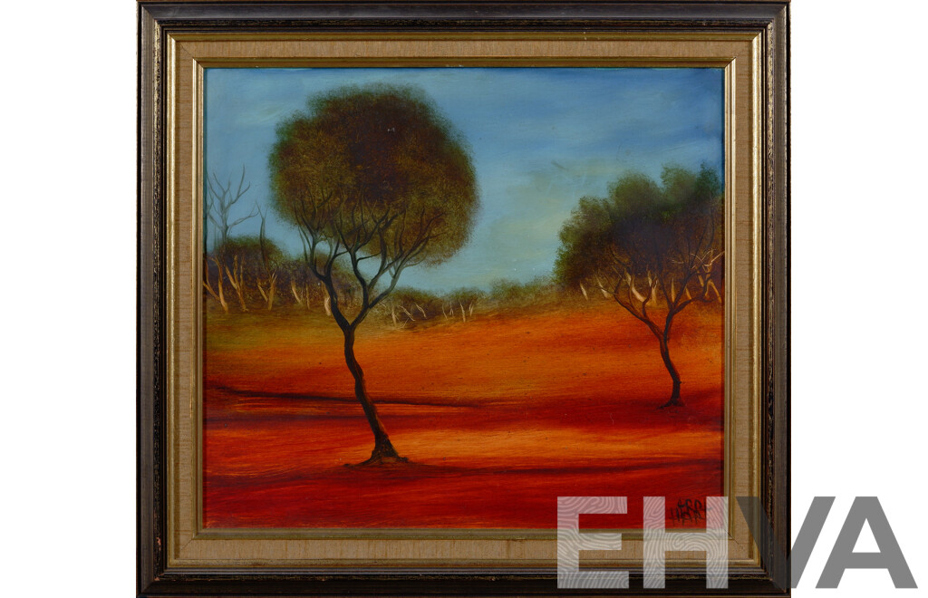 Pro Hart, (20th Century, Australian, 1928-2006), Central Australian Landscape, Oil on Masonite,  45 X 49 Cm (frame)