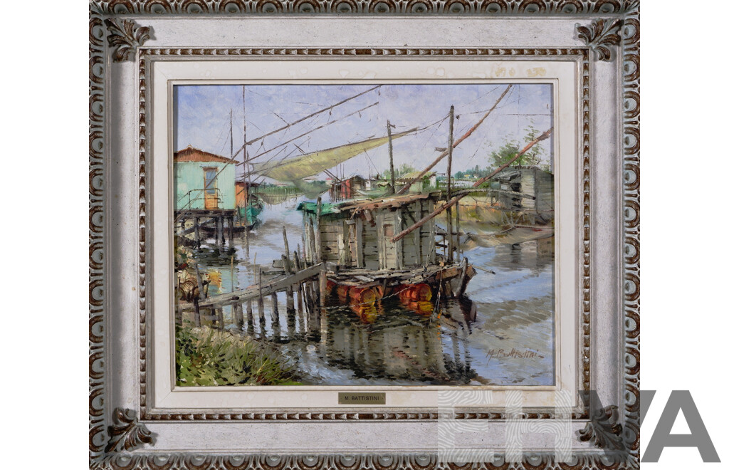 Mario Battistini, (20th Century, Italian, 1930-), Comacchio, Oil on Canvas, 61 x 71 cm (frame)