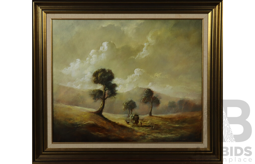 Carl Stringfellow, (20th Century, Australian, 1954-), Pastoral Scene - Going Home, Oil on Board, 65 x 87 cm (frame)