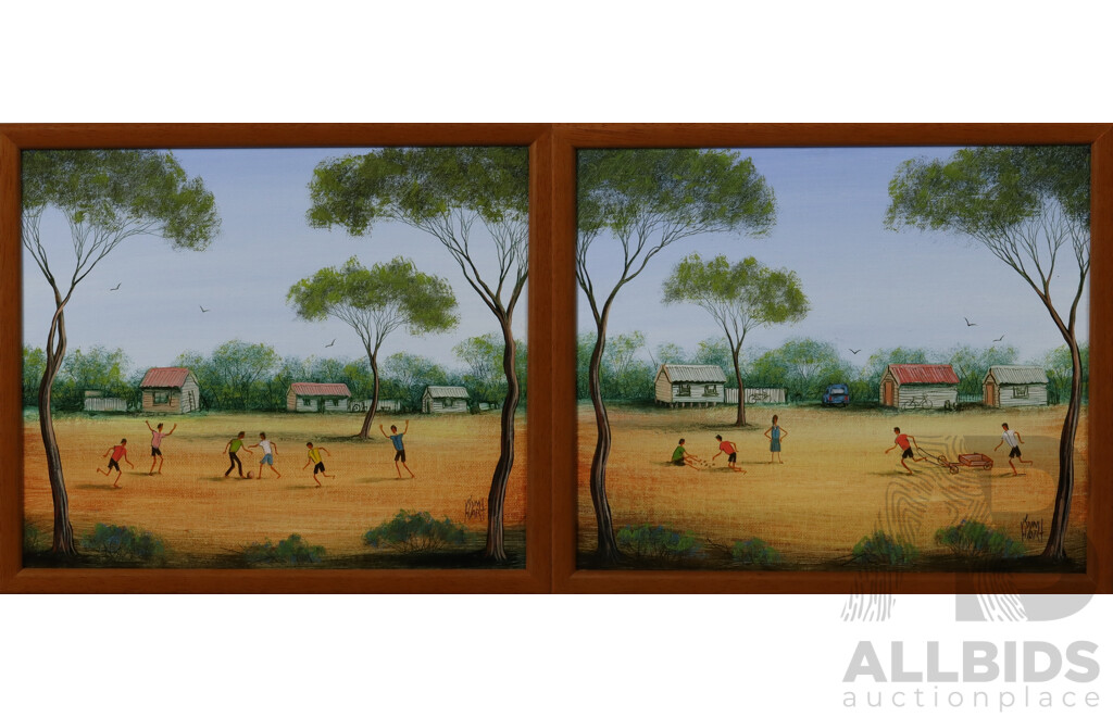 Kym Hart, (Son of Pro Hart, 20th Century, Australian, 1963-), Bush Soccer and Bush Play, Lovely Pair of Oil on Well Framed Canvases, 28 x 32 cm (frames) (2)