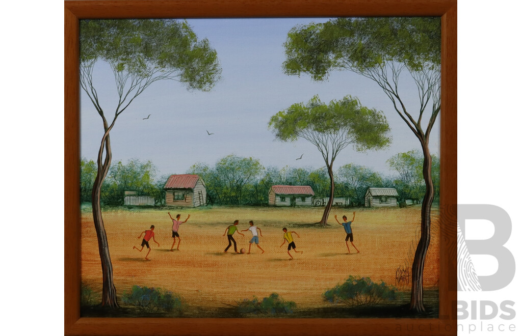 Kym Hart, (Son of Pro Hart, 20th Century, Australian, 1963-), Bush Soccer and Bush Play, Lovely Pair of Oil on Well Framed Canvases, 28 x 32 cm (frames) (2)