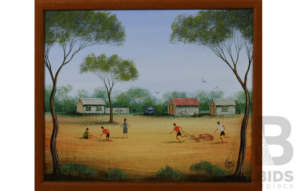 Kym Hart, (Son of Pro Hart, 20th Century, Australian, 1963-), Bush Soccer and Bush Play, Lovely Pair of Oil on Well Framed Canvases, 28 x 32 cm (frames) (2)