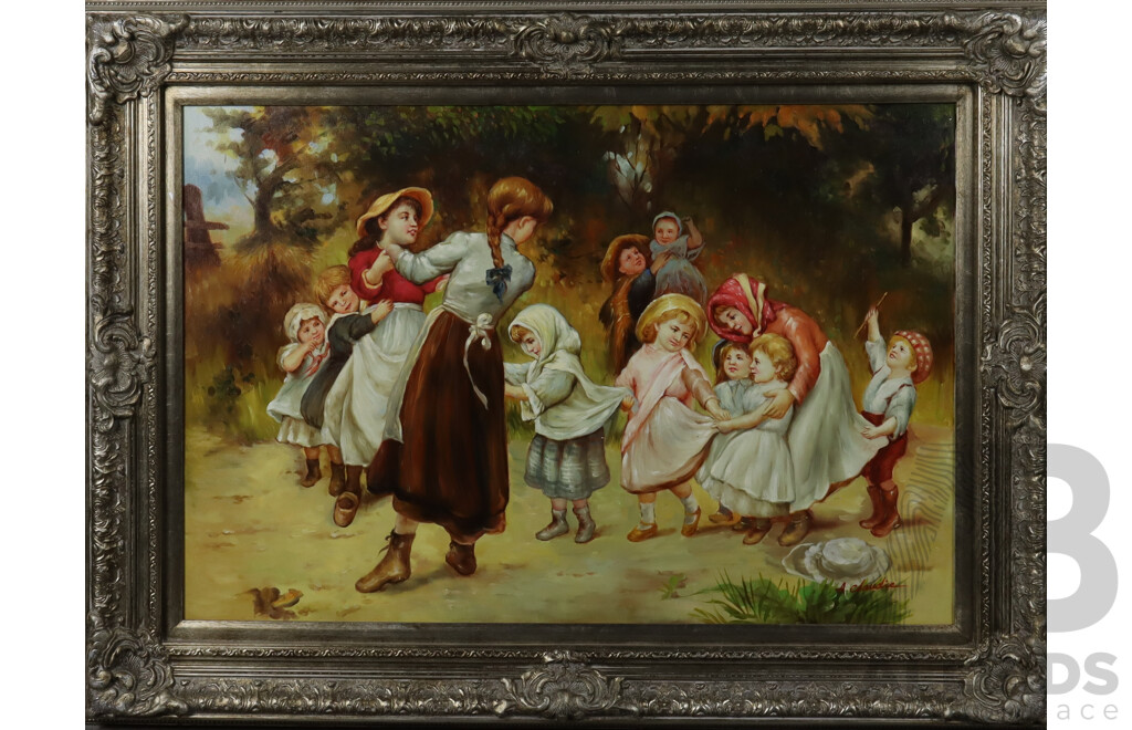 A. Claudie (French, Date Unknown), Children Playing, Oil on Canvas, 85 x 114 cm (frame)