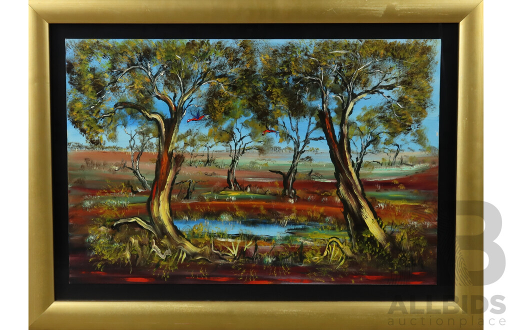 Nick Petali, (20th Century, Australian, 1932-2014), Birds Approaching the Billabong, Acrylic on Canvas, 71 x 96 cm (frame)