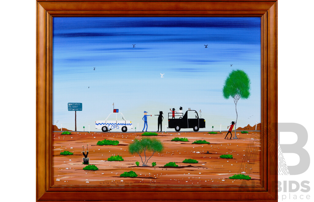 Doug Frith, (20th Century, Australian, 1962-), Wonderful Quirky Pair of Australian Outback Works, Titles in Description, with COAs, Oil on Hessian and Oil on Canvas Board, 57 x 57 cm (largest) (2)