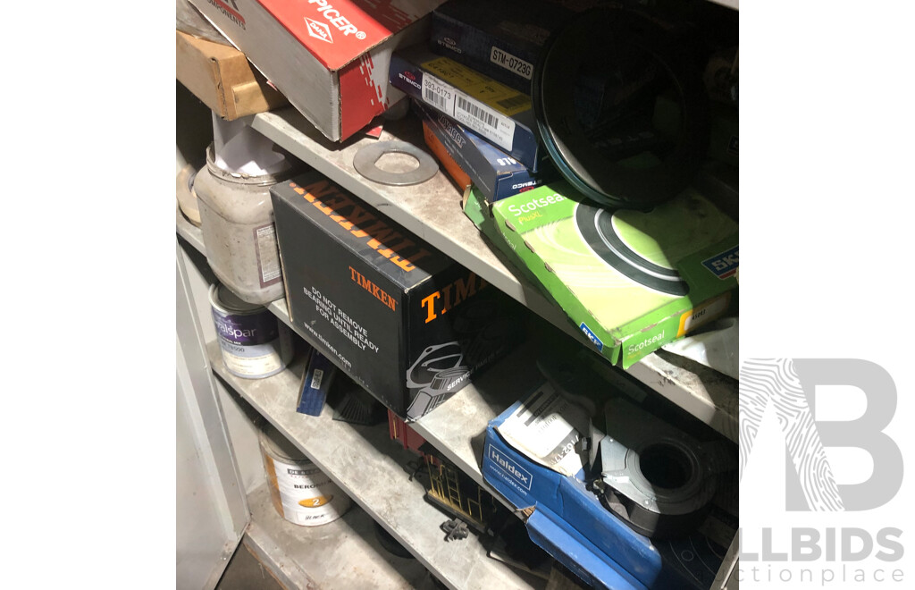 Cupboard And Contents Including Timiken Roller Bearings, Scotseal F13- and More