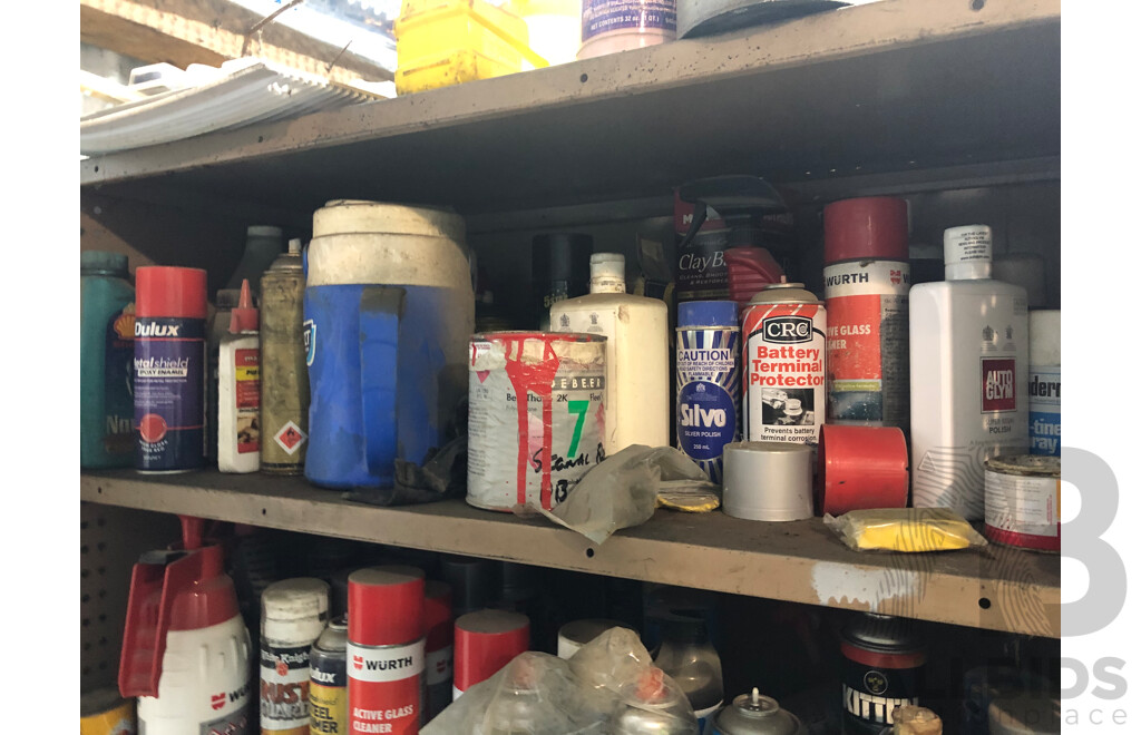Shelves and Contents Including but Not Limited to; Spray Epoxy, Enamel, Truck Care Items and More