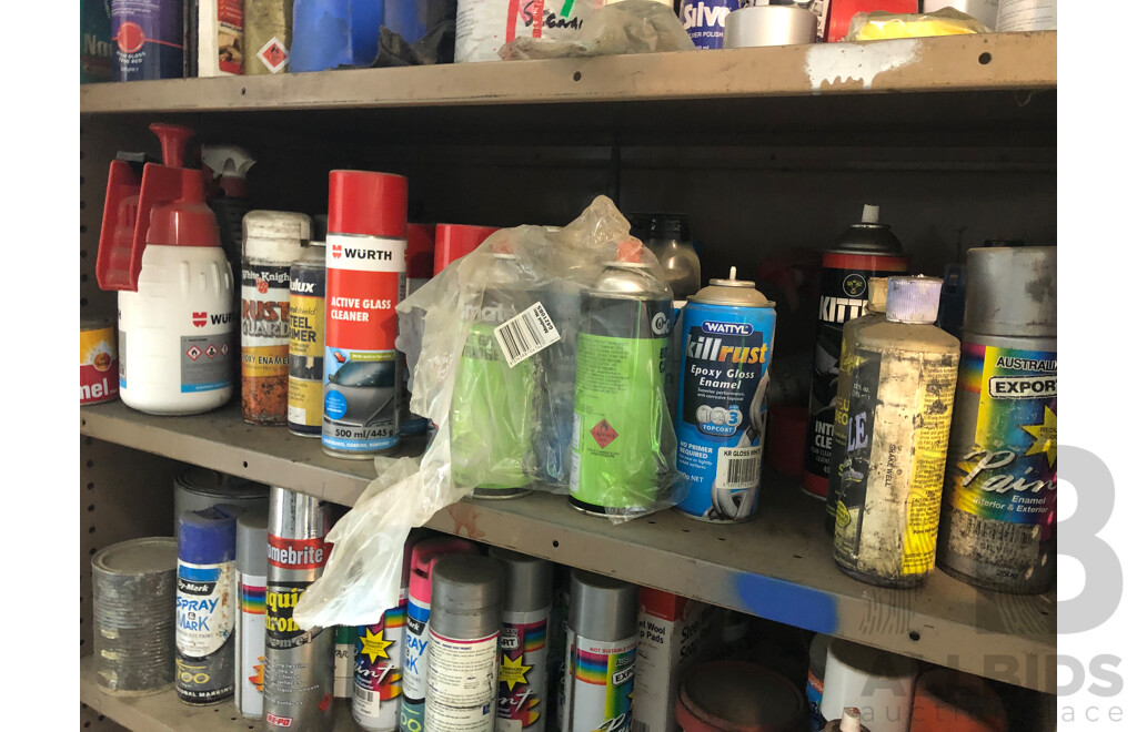 Shelves and Contents Including but Not Limited to; Spray Epoxy, Enamel, Truck Care Items and More