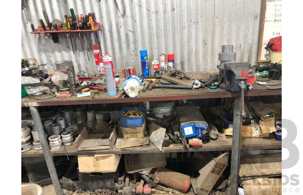 Work Bench Including Contnents, HBG634W 150mm Bench Grinder, Table Vice and More