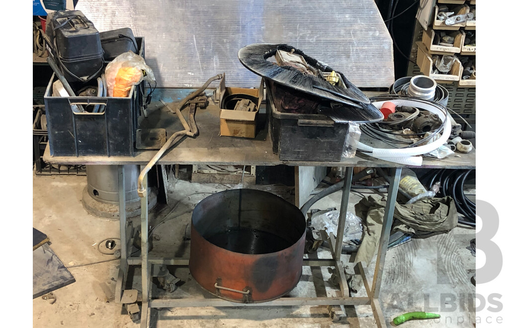 Industrial Work Bench on Wheels Including Contents; Oil Pan, 2x Untested Portable 12V Food Warmers