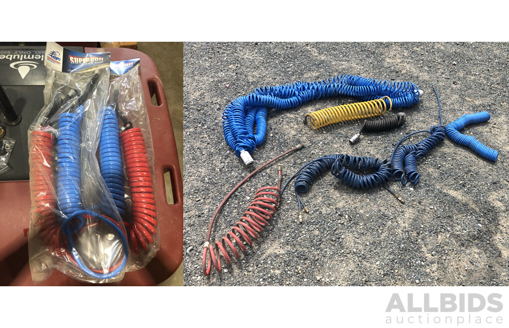 Two TruckerParts SuperCoil Anti Kink Air Hosing with Seven Assorted Pneumatic and Hydraulic Air Hoses