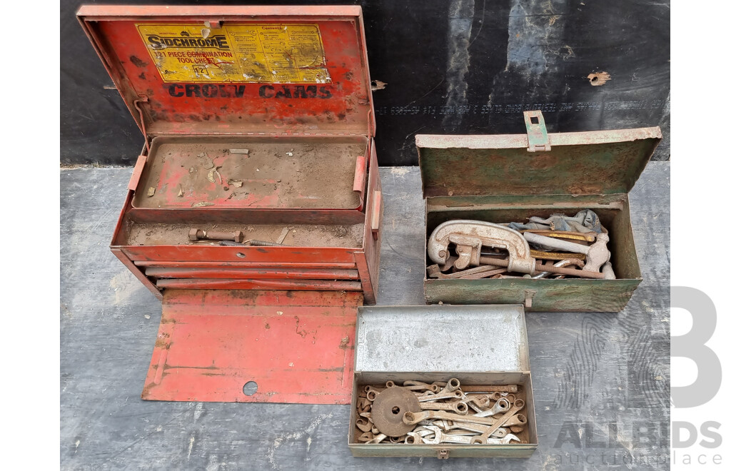 Pair of Vintage Lockable Tool Boxes Inc. Old Tools with a Sidchrome Tool Box