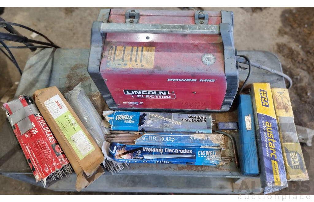 LINCOLN Eletric Welding Machine with Custom Made Trolly and Assorted Welding Electrodes