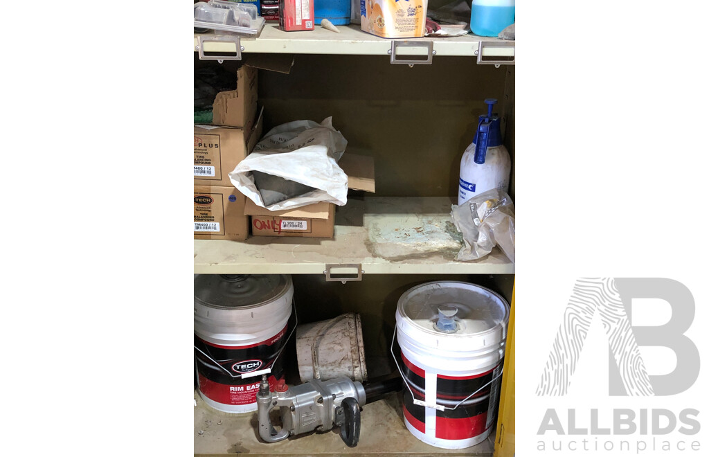 Storage Cupboard and Contents Inside Includes But Is Not Limitied to; V3-14-1 Tubeless Truck Valves, Centech Radial Repair Kits ETC 