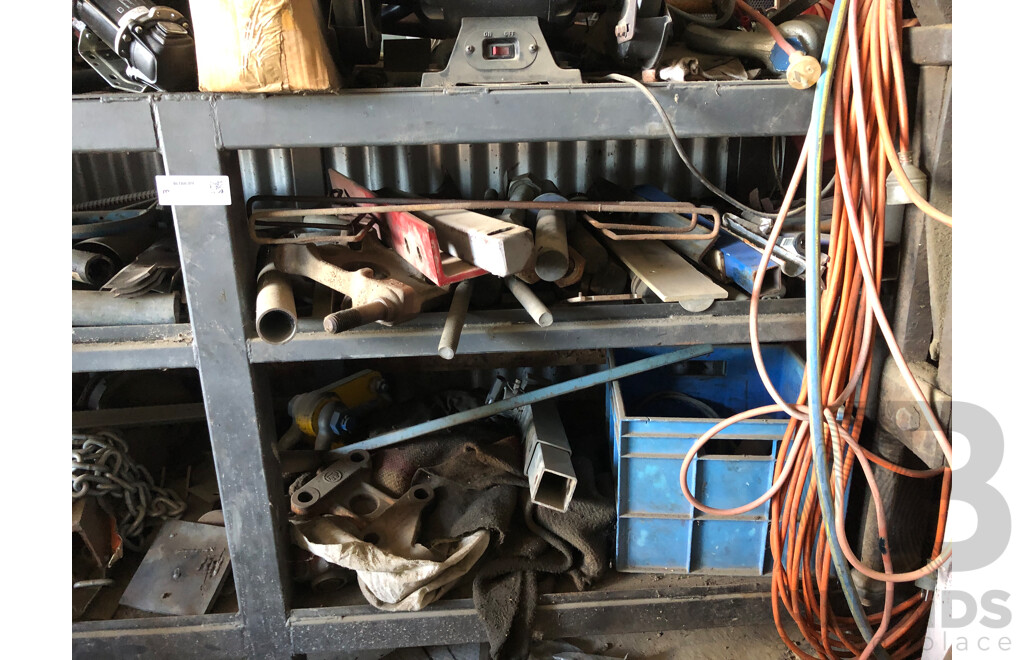 Welders Bench, Mesh Rack & Contents Including But Not Limted To; Welders Masks, Heavy Duty Bench Vices & Bench Grinder 