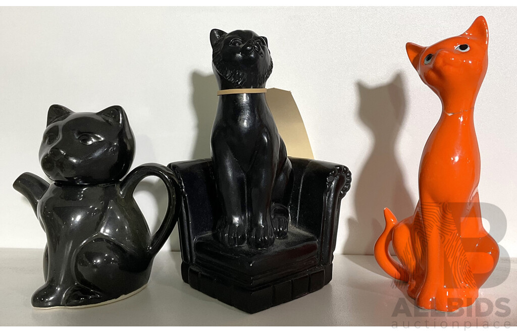 Three Vintage Cats Including One Teapot Form
