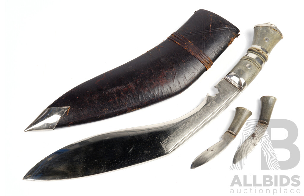 Vintage Nepalese Gurkha Kukri Knife with Three Blades, Horn Handle, Leather Sheath and Metal Detail