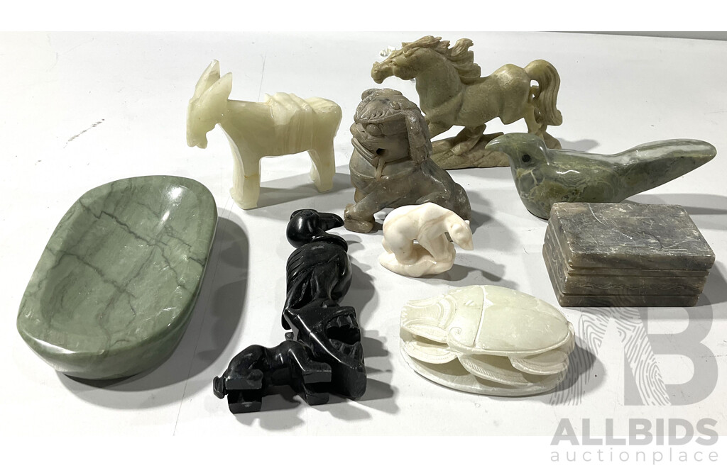 Collection of Vintage Carved Stone Animals, Including Egyptian Scarab Beetle