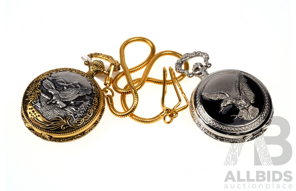 Two Collectible 'Eagle' Pocket Watches with Gold Plated Fob Chain