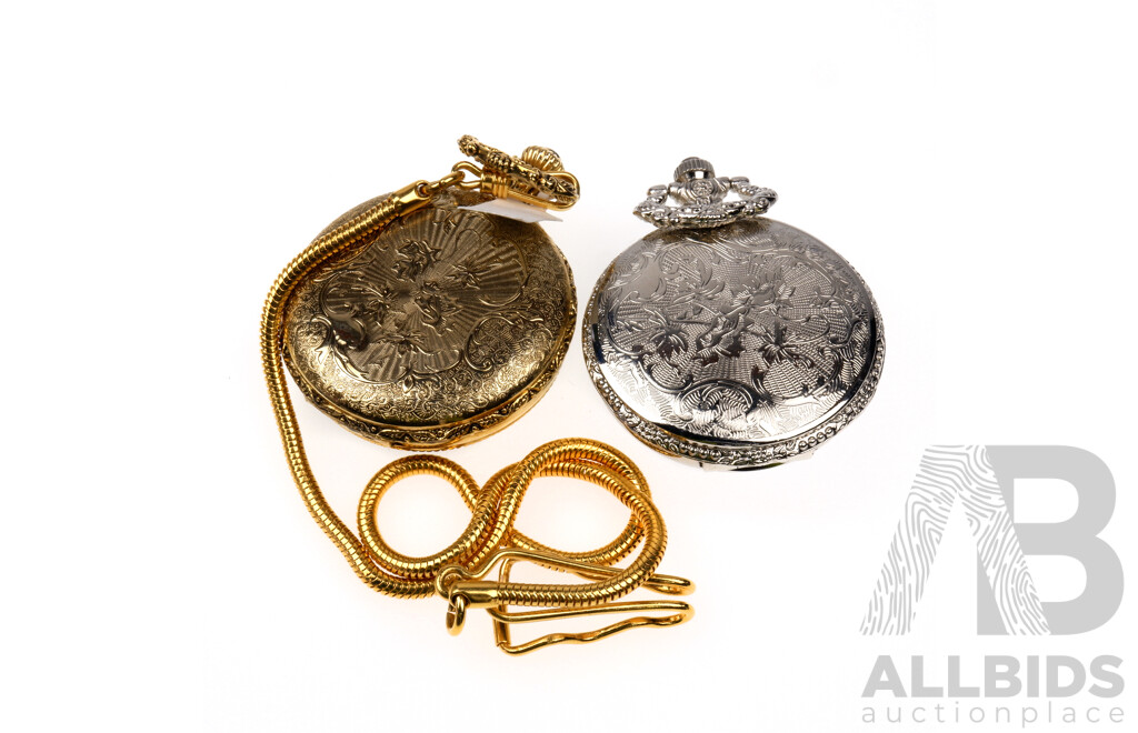 Two Collectible 'Eagle' Pocket Watches with Gold Plated Fob Chain