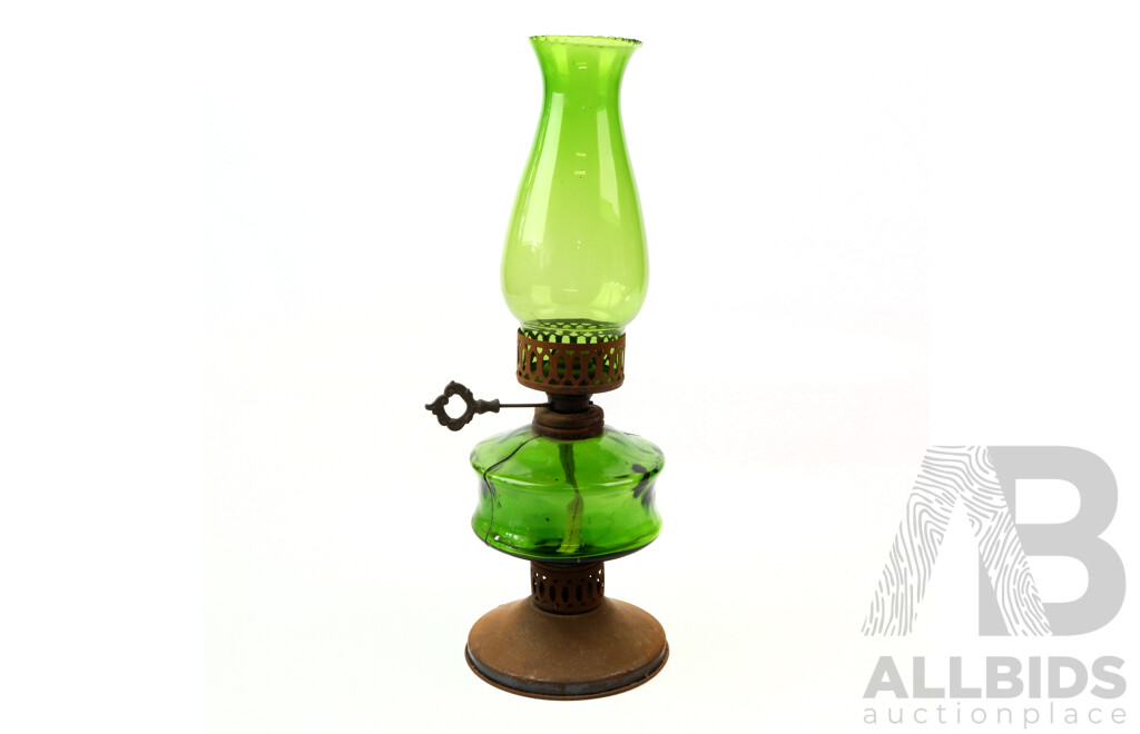 Vintage Oil Lamp with Green Glass Font and Chimney