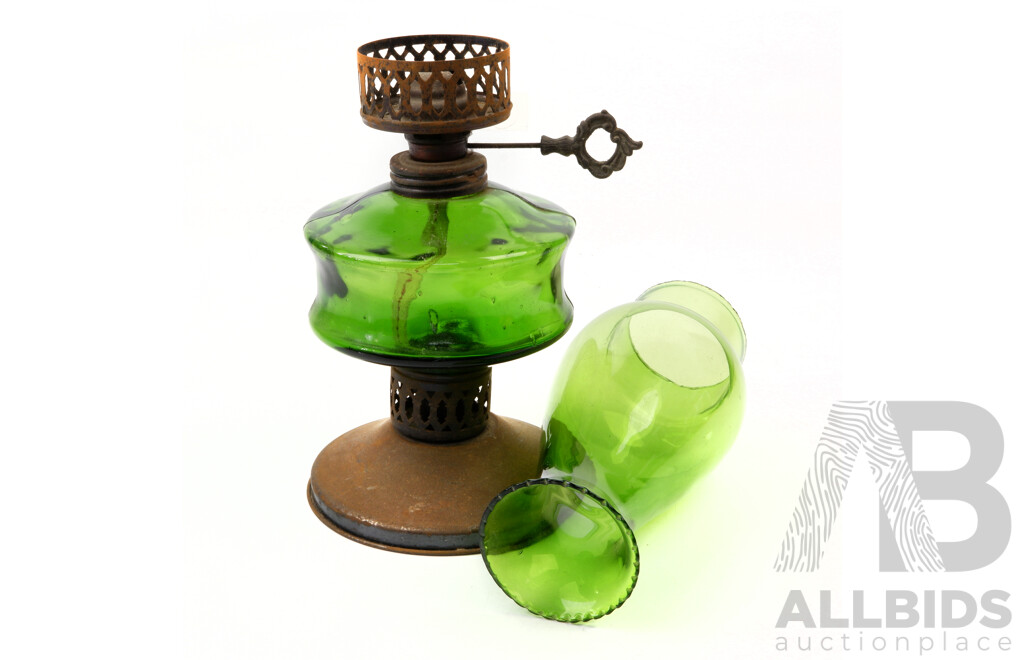 Vintage Oil Lamp with Green Glass Font and Chimney