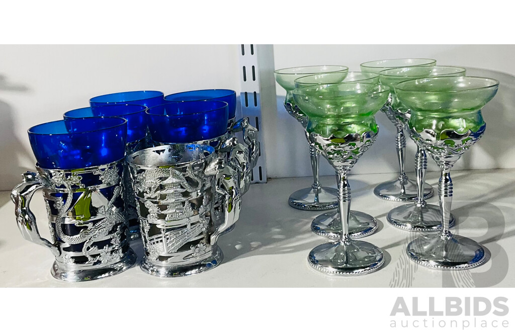 Collection of Vintage Glassware Including 4 Blue Glass Cups with Metal Decorations and 6 Green Glasses with Metal Stem