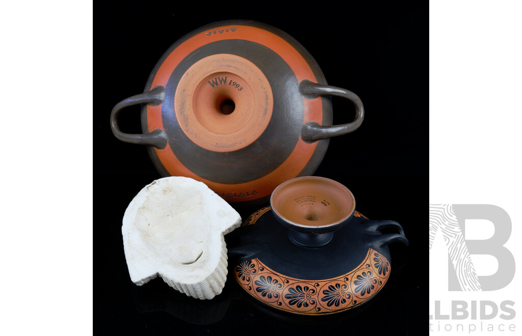 Three Ancient Greek Style Pieces Including Hand Made and Decorated Kylix by Lambrou Bros, Contemporary Large Example Marked WW 1993 to Base and More