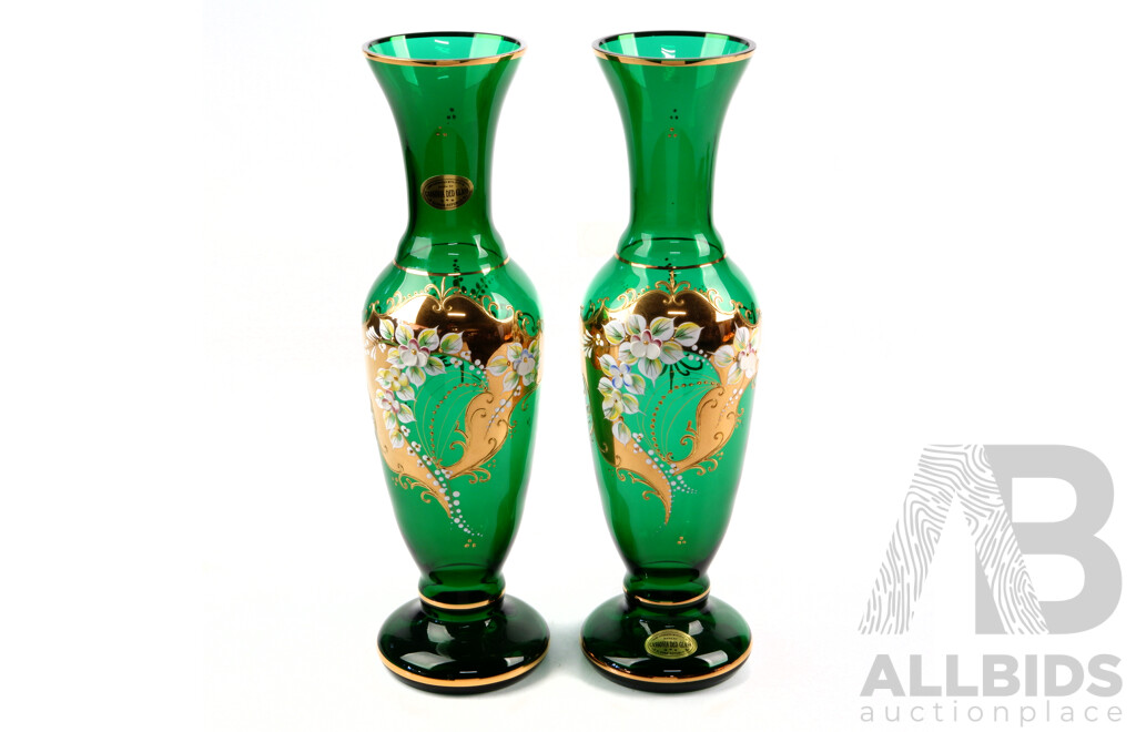 Pair Hand Decorated Slovakian Green Glass Vases Decorated with 245K Gold Gilding Detail