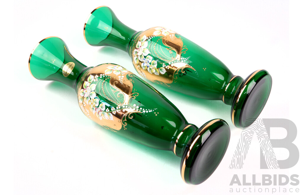 Pair Hand Decorated Slovakian Green Glass Vases Decorated with 245K Gold Gilding Detail