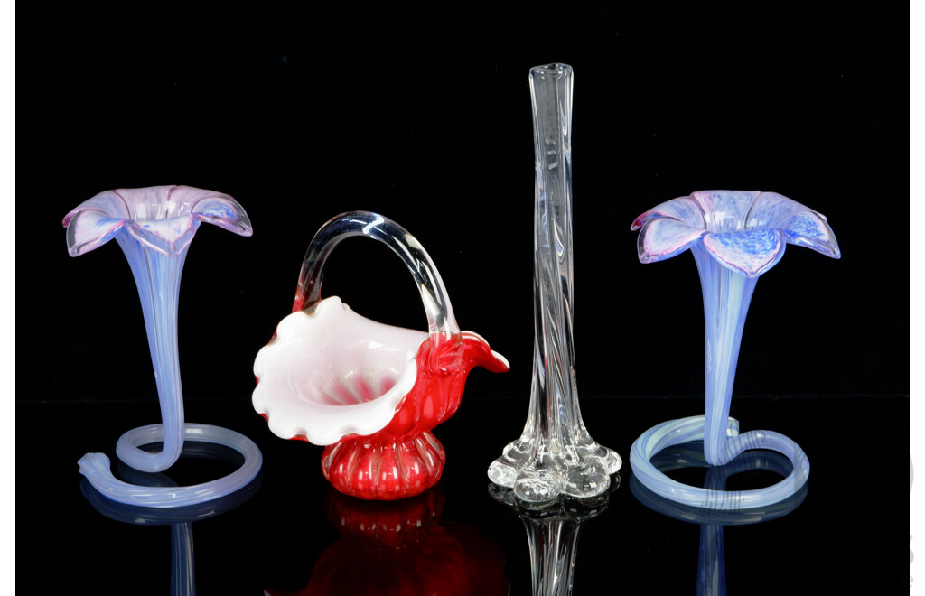 Collection Art Glass Including Basket Form Example, Two Flower Form Vases and Elephants Foot Example