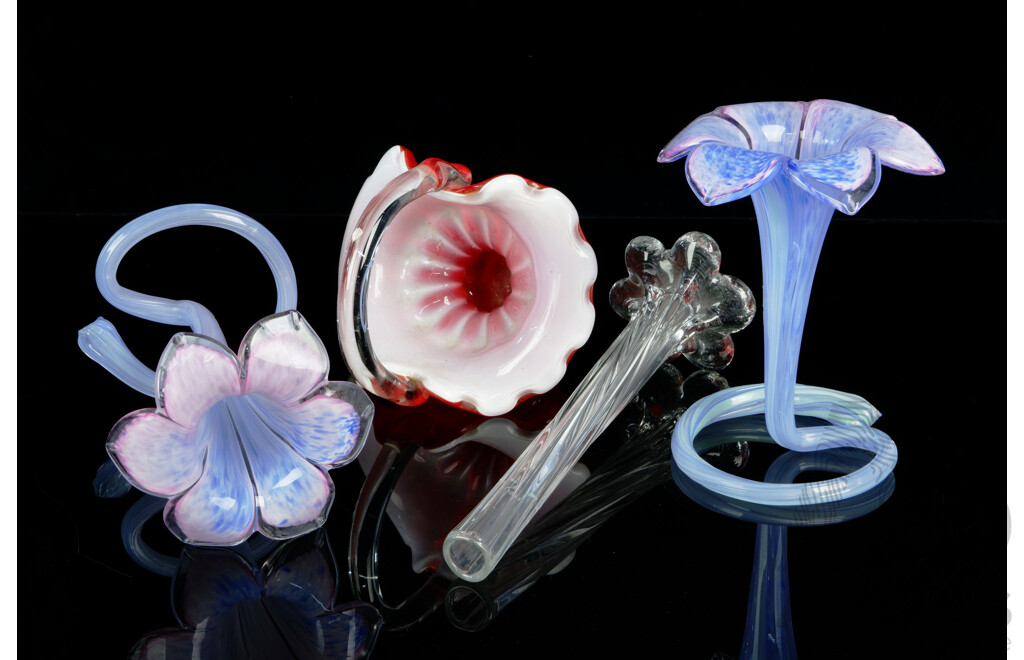 Collection Art Glass Including Basket Form Example, Two Flower Form Vases and Elephants Foot Example