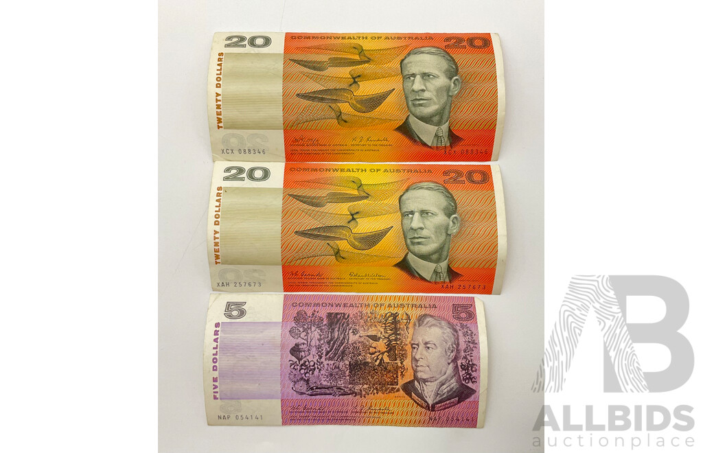 Australian 1966 Twenty Dollar Note Coombs/Wilson XAH, 1968 Phillips/Randall XCX, 1967 Five Dollar Coombs/Randall NAP