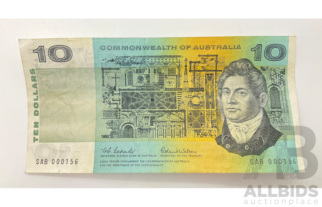 Australian COA 1966 Ten Dollar Note, Coombs/Wilson SAB 000156, Low Serial Triple Digit