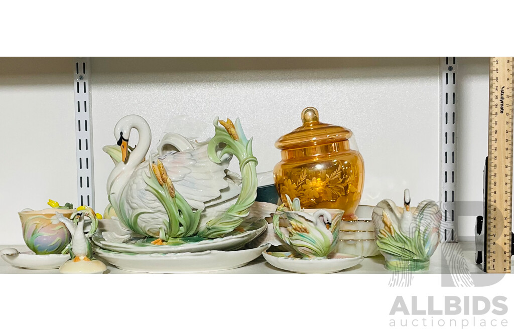 Collection of Swan Themed Decorative Porcelain Including Teacups, Saucers and More