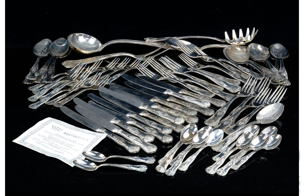 Vintage 64 Piece Restucci Flatwear Fish Service with 800 Siulver Handles in Kings Pattern