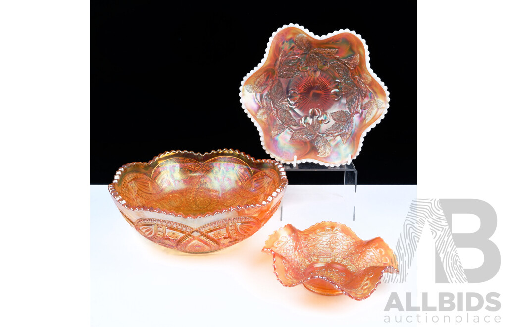 Trio of Vintage Marigold Carnival Glass Serving Dishes