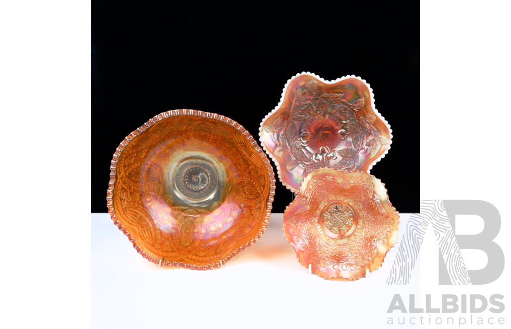 Trio of Vintage Marigold Carnival Glass Serving Dishes