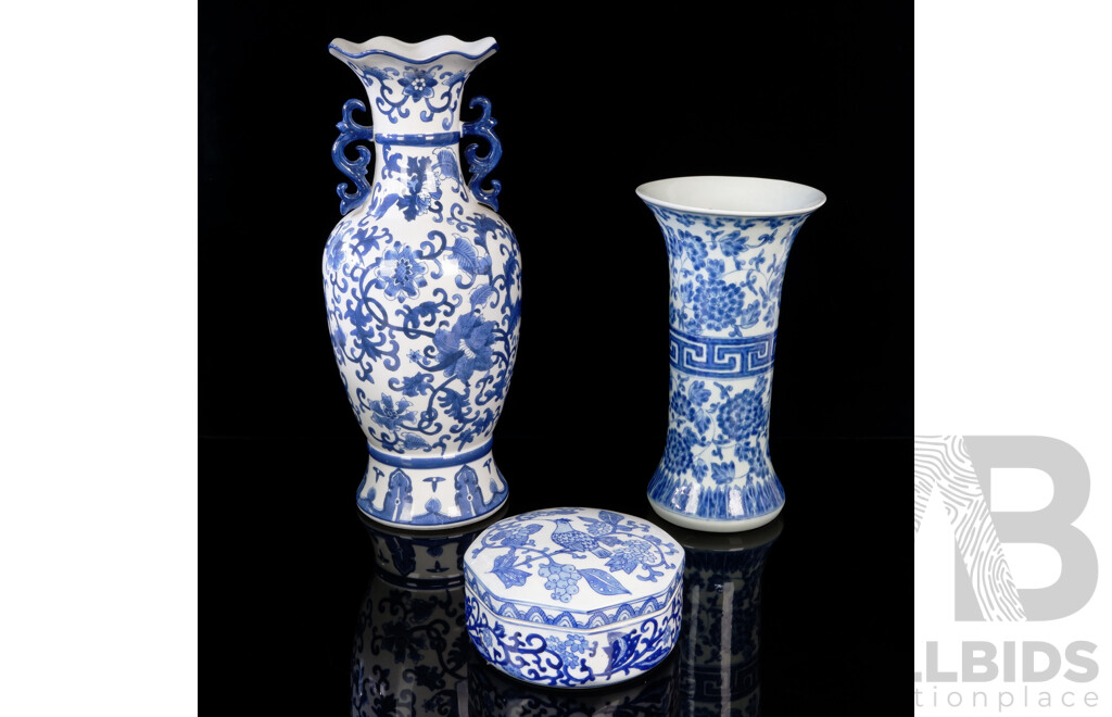 Two Vintage Chinese Blue & White Hand Painted Porcelain Vases Along with Dasch Blue and White Porcelain Lidded Dish