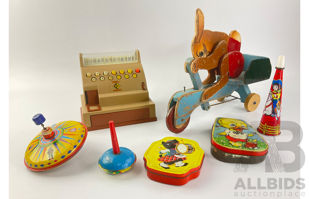 Collection of Vintage Toys Including T Mackay Timber Rabbit on Cart, Casdon Cash Registar, Steel Spinning Tops, Tins and Horn