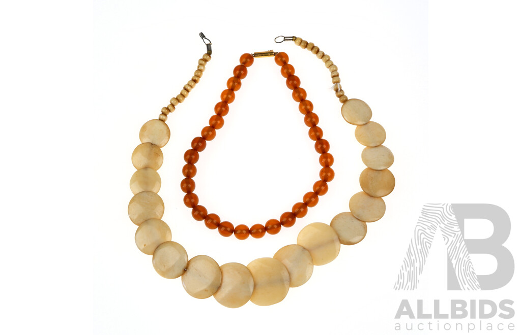 Vintage 9ct Amber Beaded Necklace and Vintage Bone Beaded Necklace