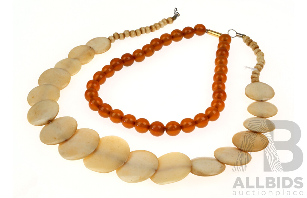 Vintage 9ct Amber Beaded Necklace and Vintage Bone Beaded Necklace