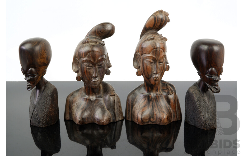 Collection Four Vintage Hand Carved South East Asian Ebony Busts