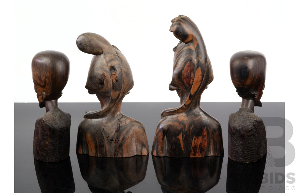 Collection Four Vintage Hand Carved South East Asian Ebony Busts