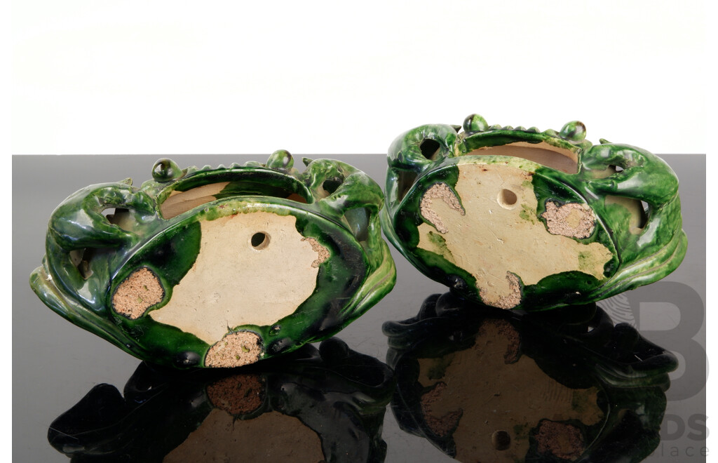 Pair Chinese Green Glazed Pottery Crab Form Wall Pockets